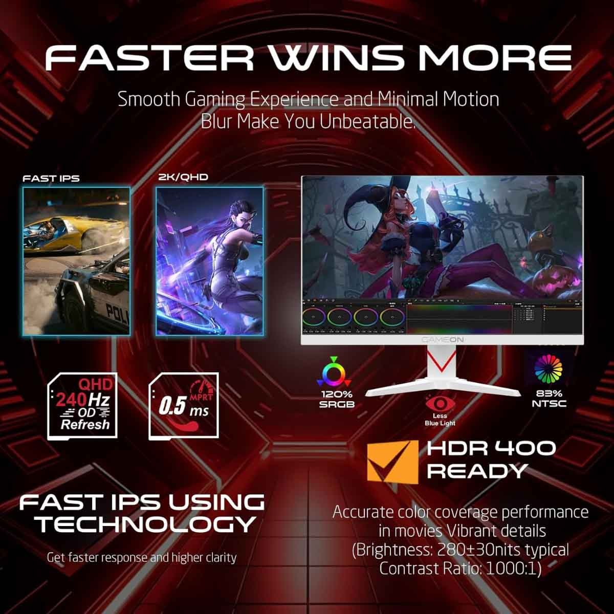 جيم أون شاشة ألعاب QHD بحجم 27" 240Hz Fast IPS سلسلة Dominator سوداء موديل GOMD27QHD240IPS