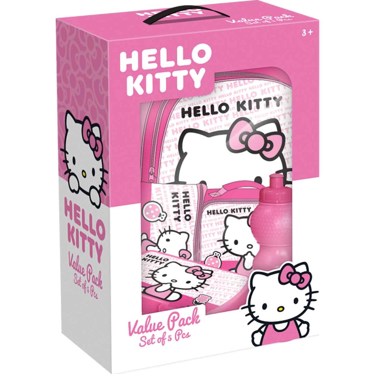 هيلو كيتي مجموعة حقيبة ترولي 5 في 1 مقاس 14 انش مع صندوق غداء وزجاجة ماء ومقلمة وحقيبة غداء