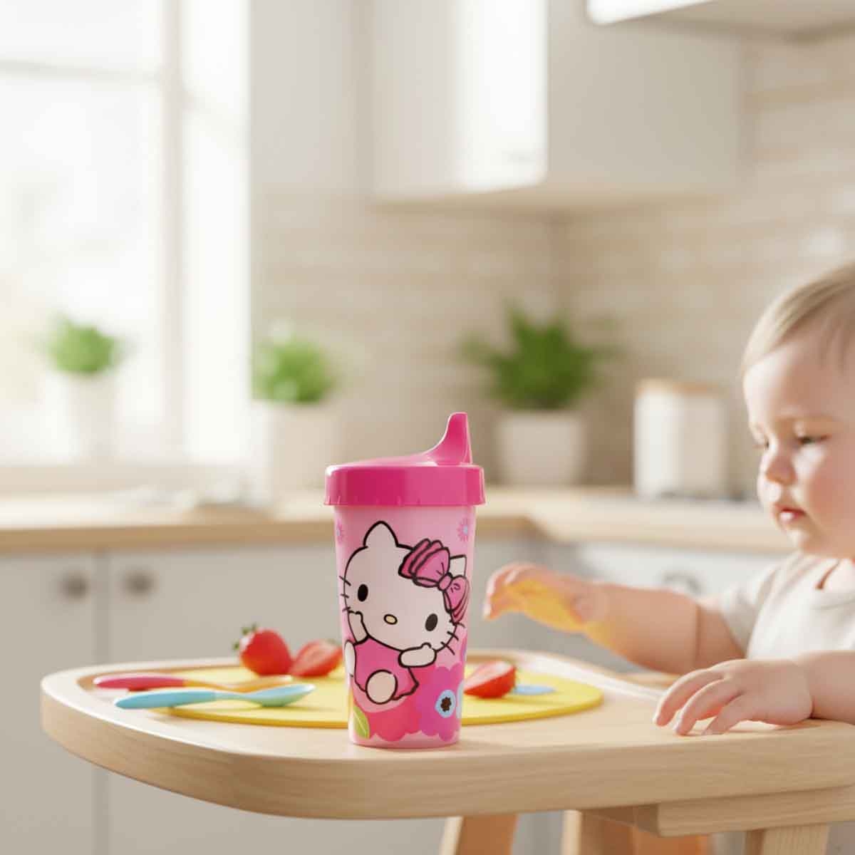 هيلو كيتي كوب شرب وردي قابل لإعادة الاستخدام مع شفاطة