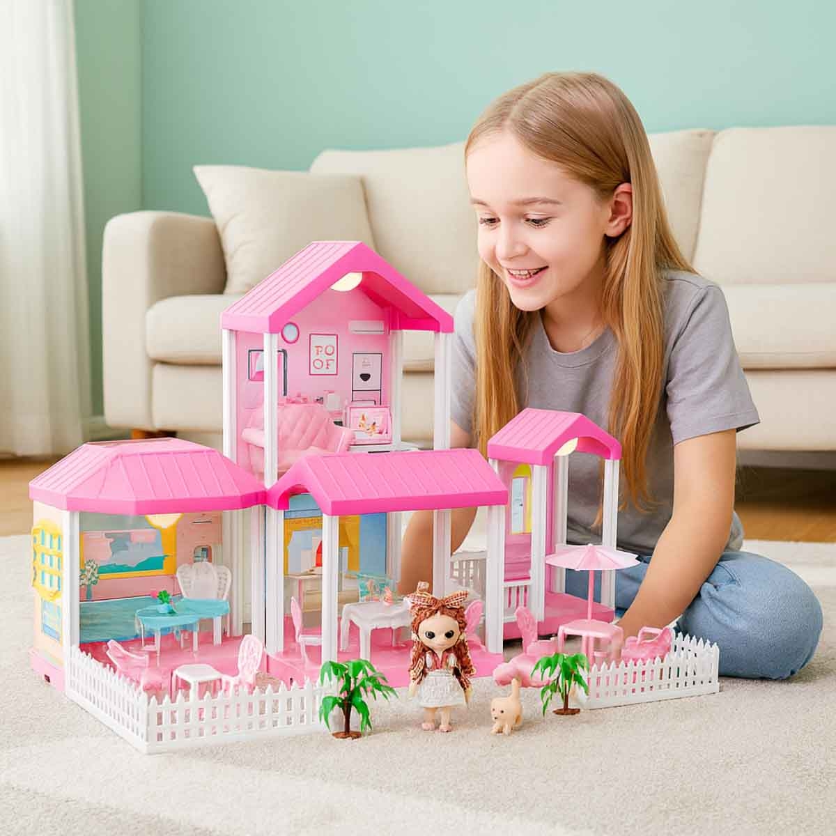 هوايدا تويز مجموعة فيلا ودمية مع إضاءة وإكسسوارات، للجنسين، 3-4 سنوات