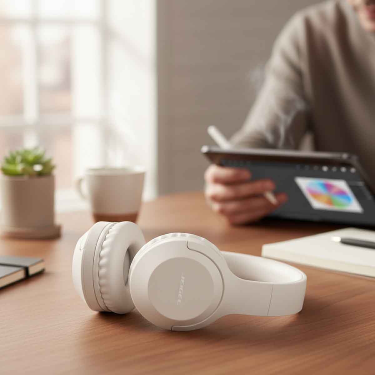 جيبل سماعة رأس لاسلكية تدعم AUX وUSB وبطاقة SD باللون البيج