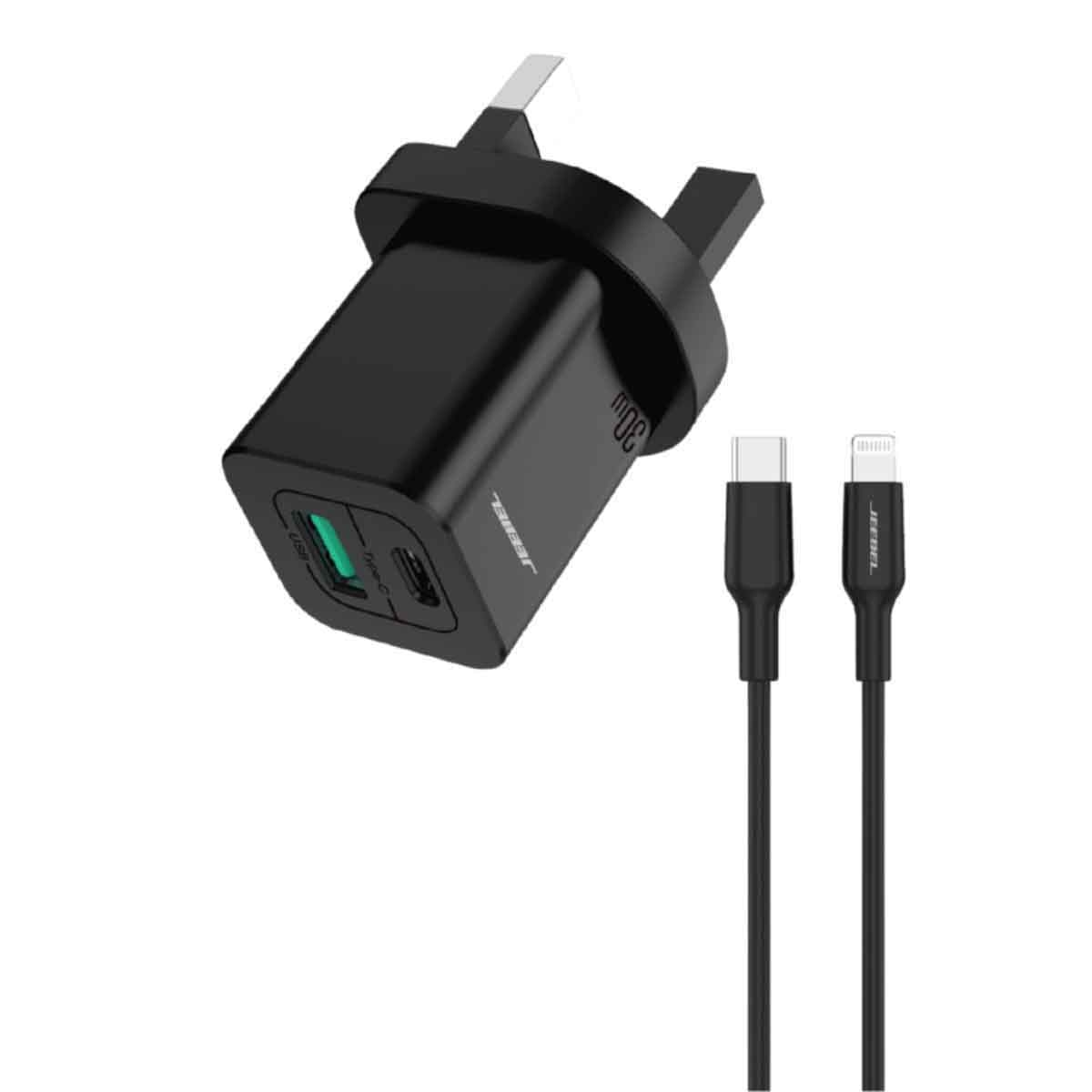 جيبل شاحن حائط 30 واط USB-C PD وUSB QC 3.0 مع كابل لايتنينغ معتمد MFi باللون الأسود