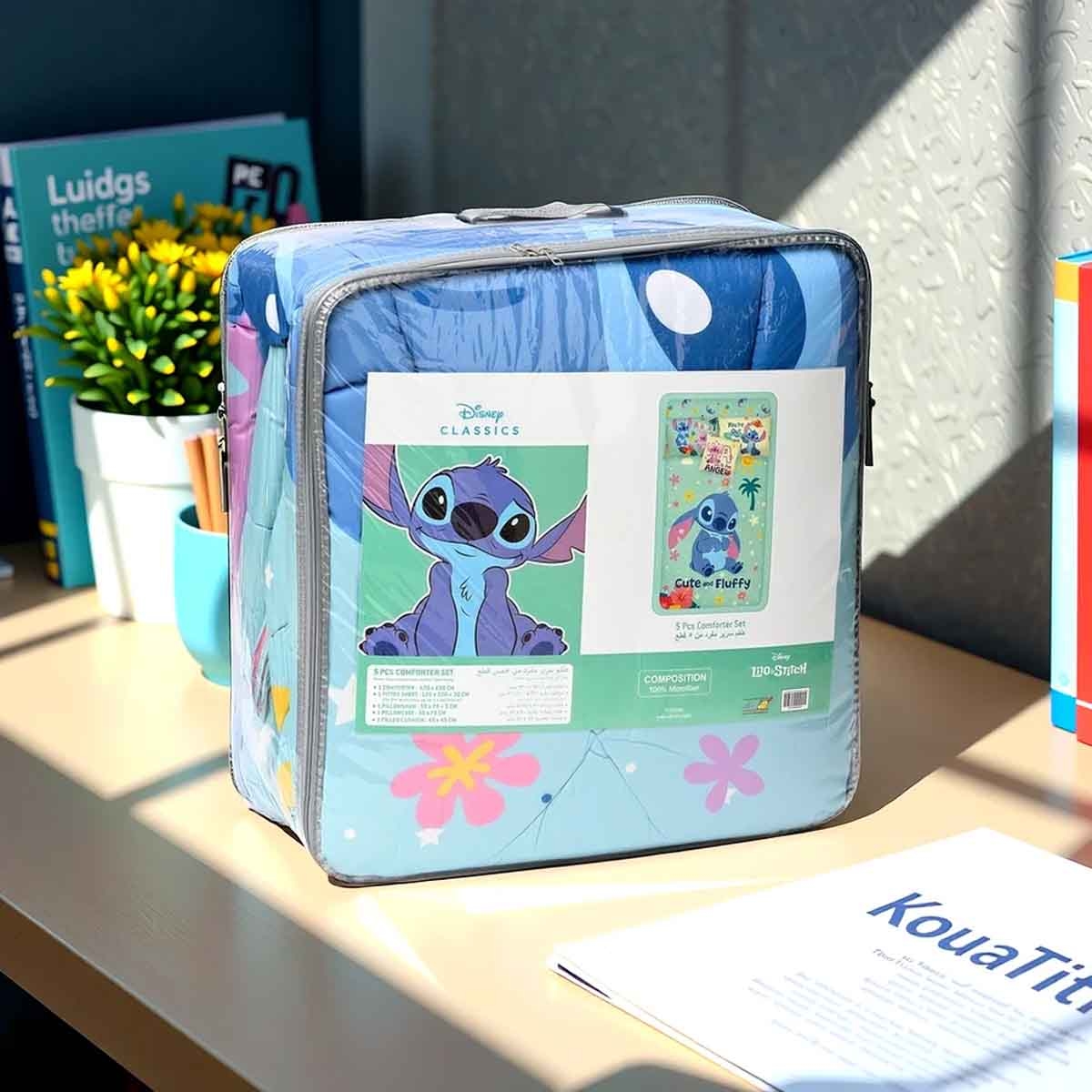 ليلو آند ستيتش طقم لحاف مكون من 5 قطع من ألياف دقيقة مفرشة باللون الأزرق مع غلاف بوليستر