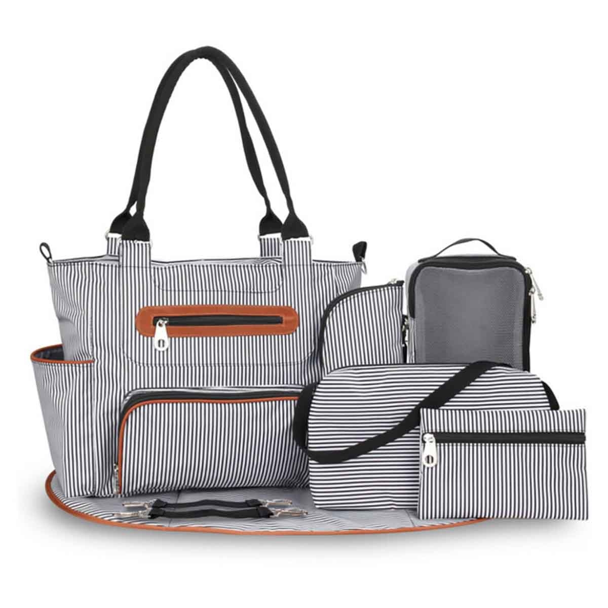 ليتل ستوري حقيبة حفاضات سوداء مع خطافات، مجموعة من 6