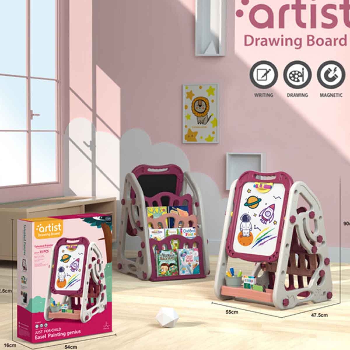 ليتل ستوري لوح رسم مغناطيسي متعدد الوظائف مزدوج الجانبين مع رف كتب