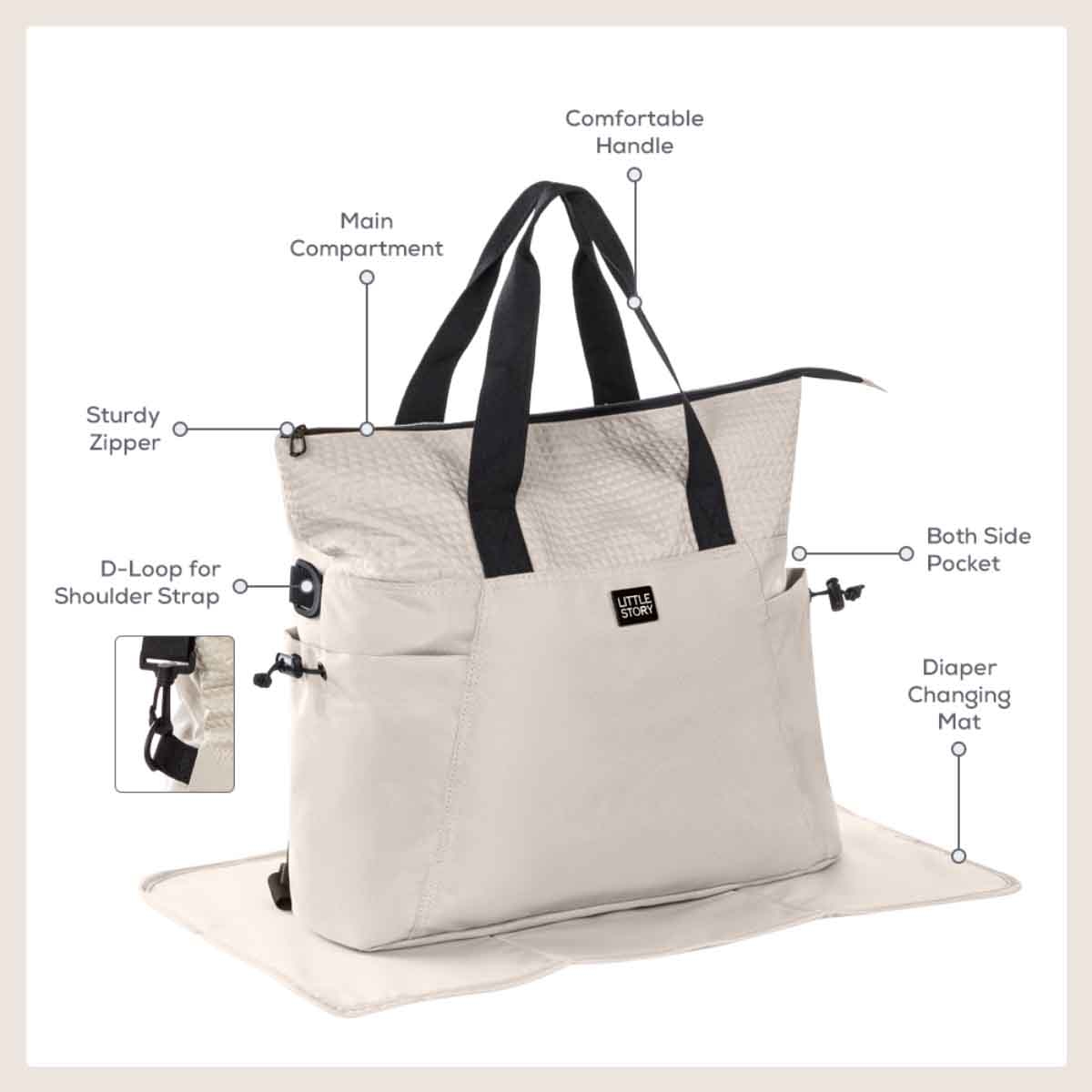 ليتل ستوري حقيبة حفاضات للأم باللون البيج مع سجادة تغيير