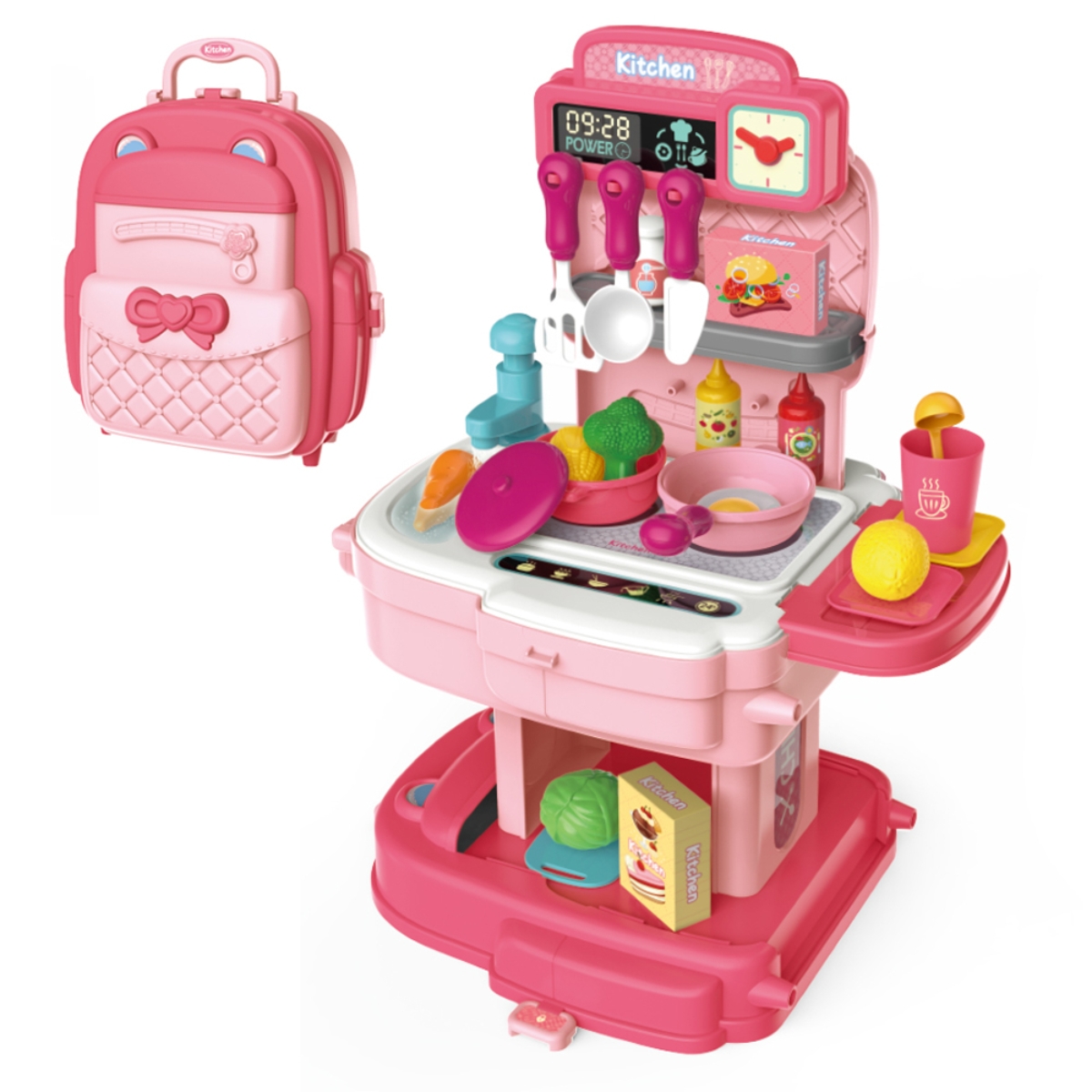 ليتل ستوري مجموعة لعب تقمص الأدوار طاهٍ/مطبخ/مطعم 2 في 1 وردية على شكل حقيبة مدرسية للجنسين، 3-4 سنوات