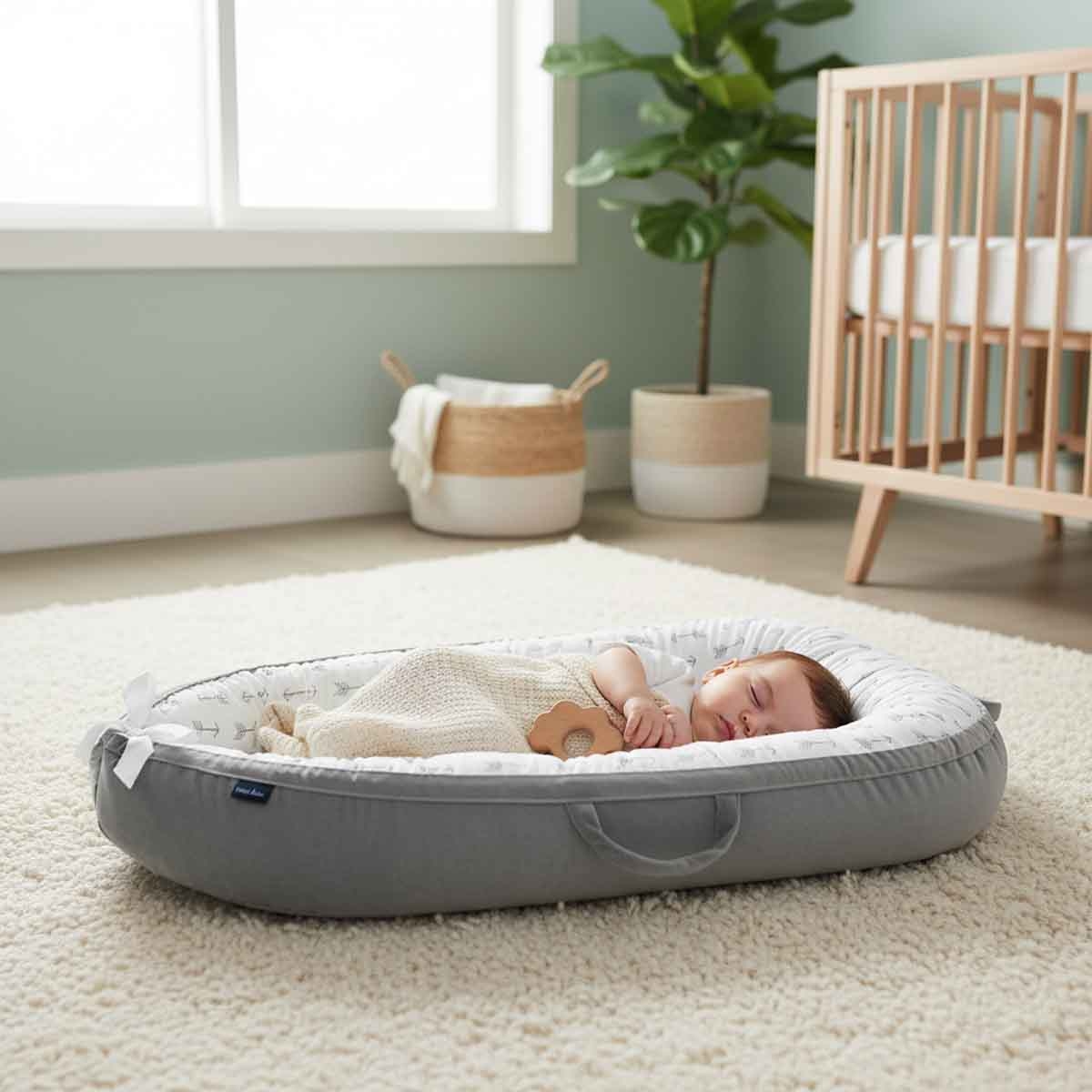 ليتل ستوري سرير استرخاء لحديثي الولادة بحشوة ألياف ناعمة وقابلة للتنفس – رمادي بنقشة الأسهم