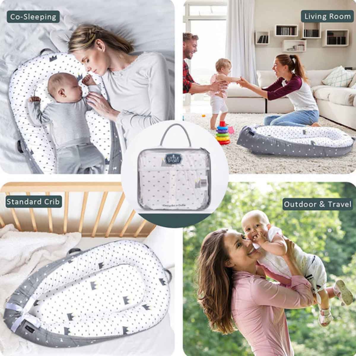 ليتل ستوري سرير استرخاء لحديثي الولادة بحشوة ألياف ناعمة وقابلة للتنفس – رمادي ملكي