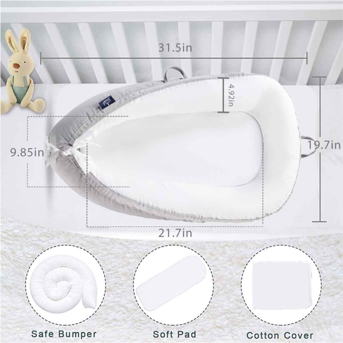 ليتل ستوري سرير استرخاء للمواليد بحشوة لينة قابلة للتنفس — رمادي سادة للأطفال، 0–2 سنة