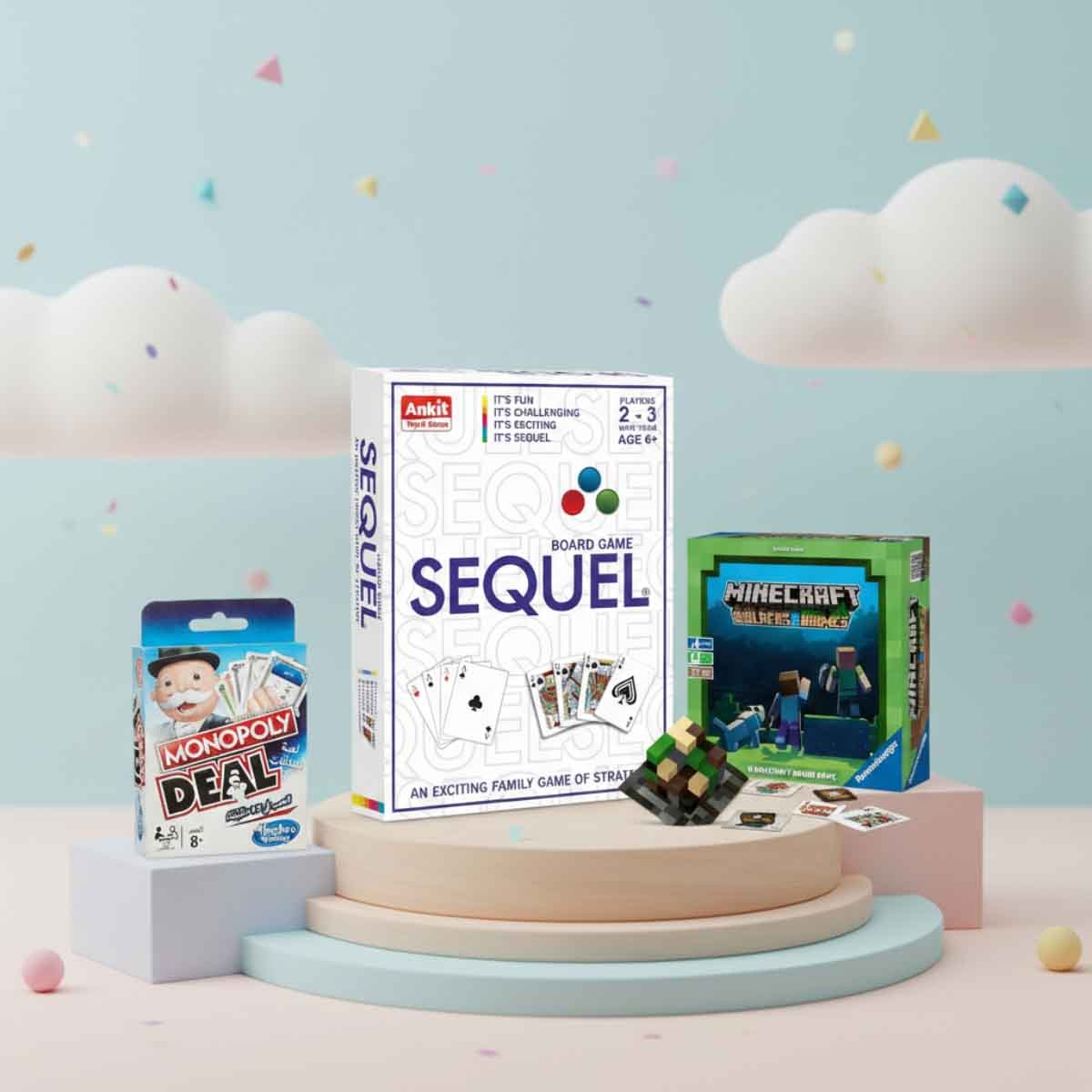 مونوبولي ديل عربي مجموعة اللعبة مع لعبة بيلدرز آند بايومز من رافنسبورجر ولعبة سيكويل من أنكيت تويز، للجنسين، 5-7 سنوات