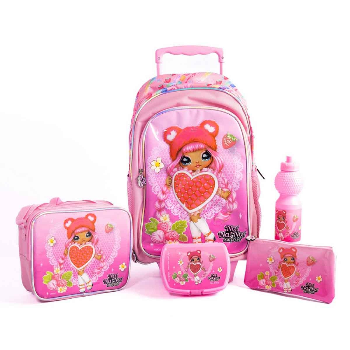 نا! نا! نا! مجموعة حقيبة ترولي مقاس 18 انش مع حقيبة غداء ومقلمة وزجاجة مياه وصندوق طعام للجنسين من عمر 5-7 سنوات