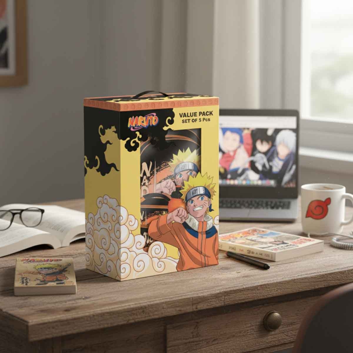 ناروتو مجموعة حقيبة ترولي 5 في 1 مقاس 14 انش مع صندوق غداء وزجاجة ومقلمة وحقيبة غداء