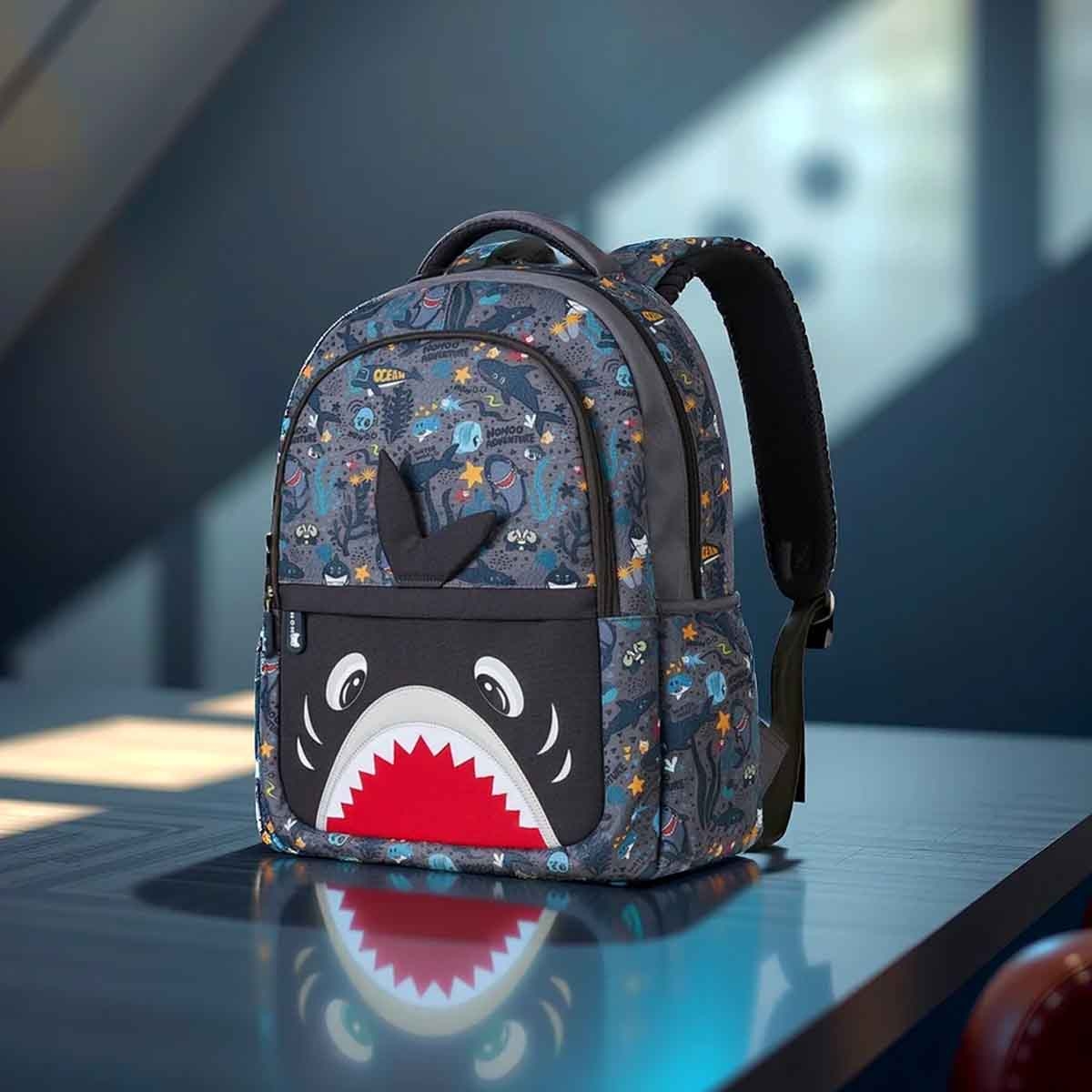 نوهو حقيبة مدرسية قرش 16 إنش للأطفال باللون الرمادي للجنسين، 3-4 سنوات