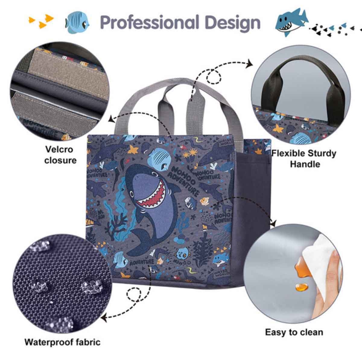 نوهو مجموعة حقيبة مدرسية 16 إنش بتصميم سمكة القرش مع حقيبة يد