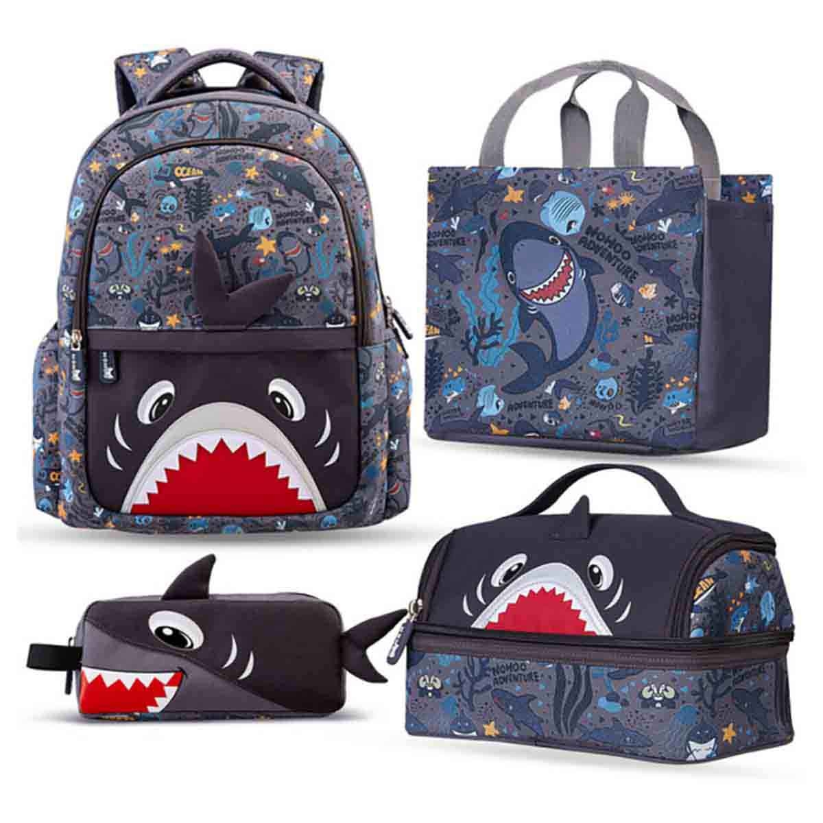 نوهو مجموعة 4 في 1 حقيبة مدرسية 16 إنش بتصميم سمكة القرش مع حقيبة غداء وحقيبة يد وحقيبة أقلام