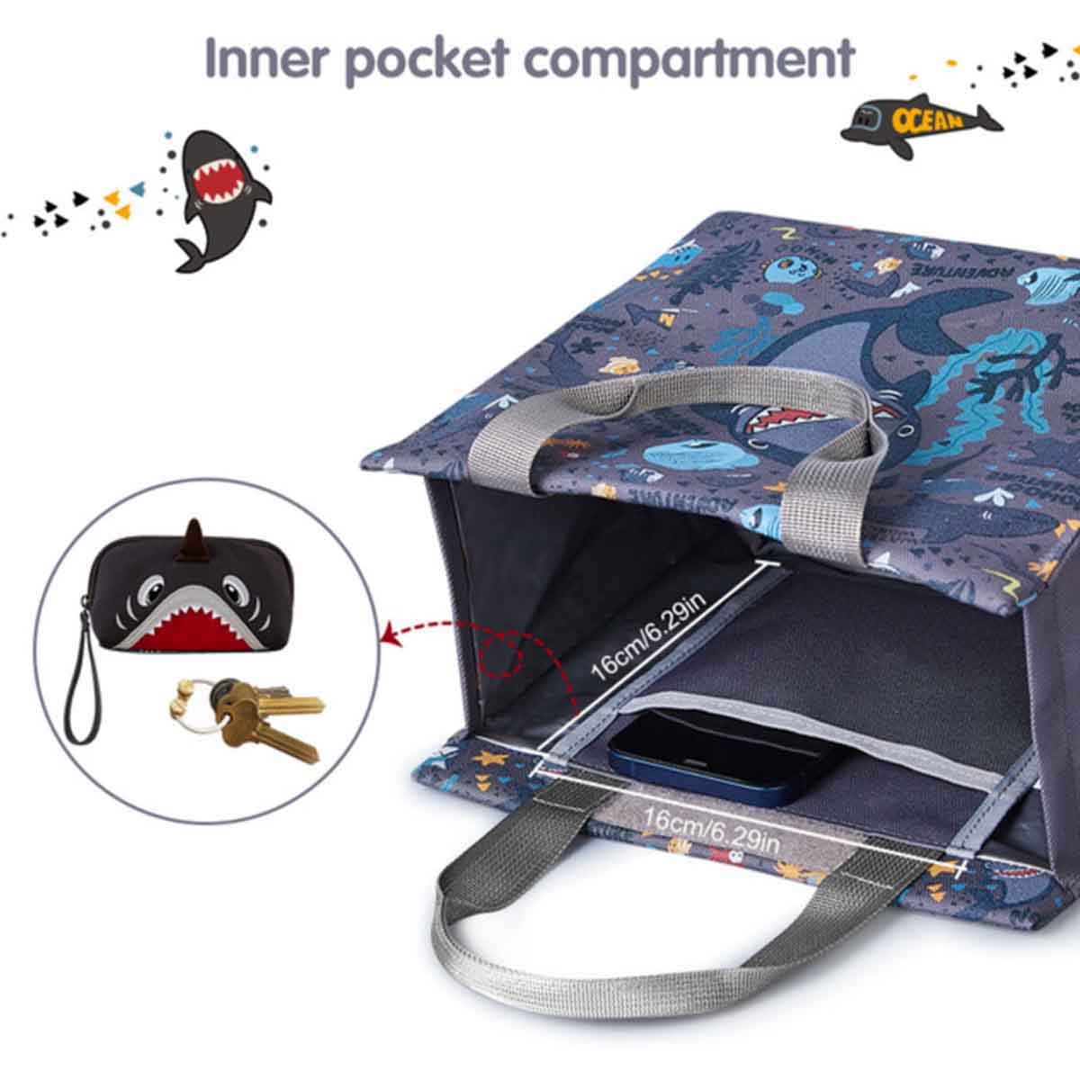 نوهو حقيبة غداء/يد للأطفال بتصميم سمكة القرش