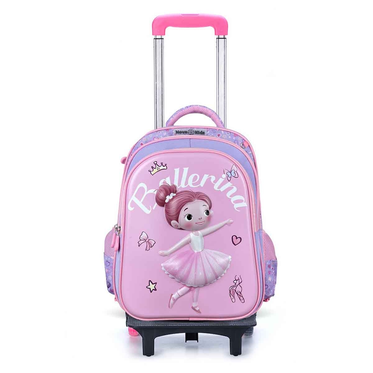 نوفا كيدز حقيبة مدرسية ثلاثية الأبعاد مقاس 16.5 إنش بتصميم باليرينا مع عربة