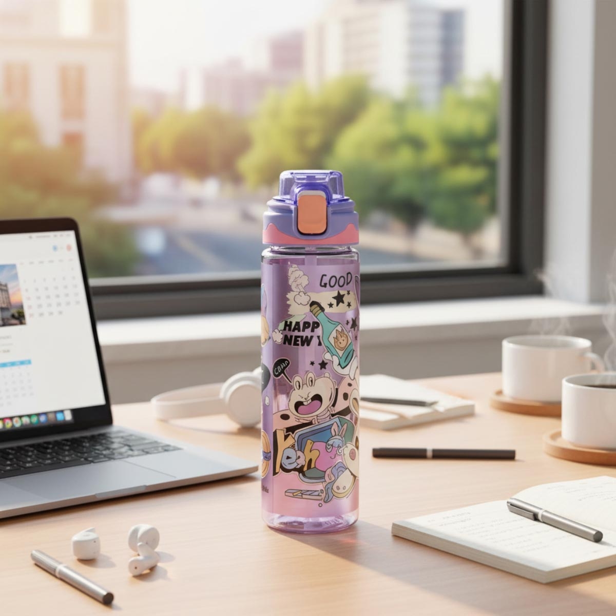 زجاجة مياه نوفا للأطفال سعة 700 مل باللون البنفسجي مع ماصة