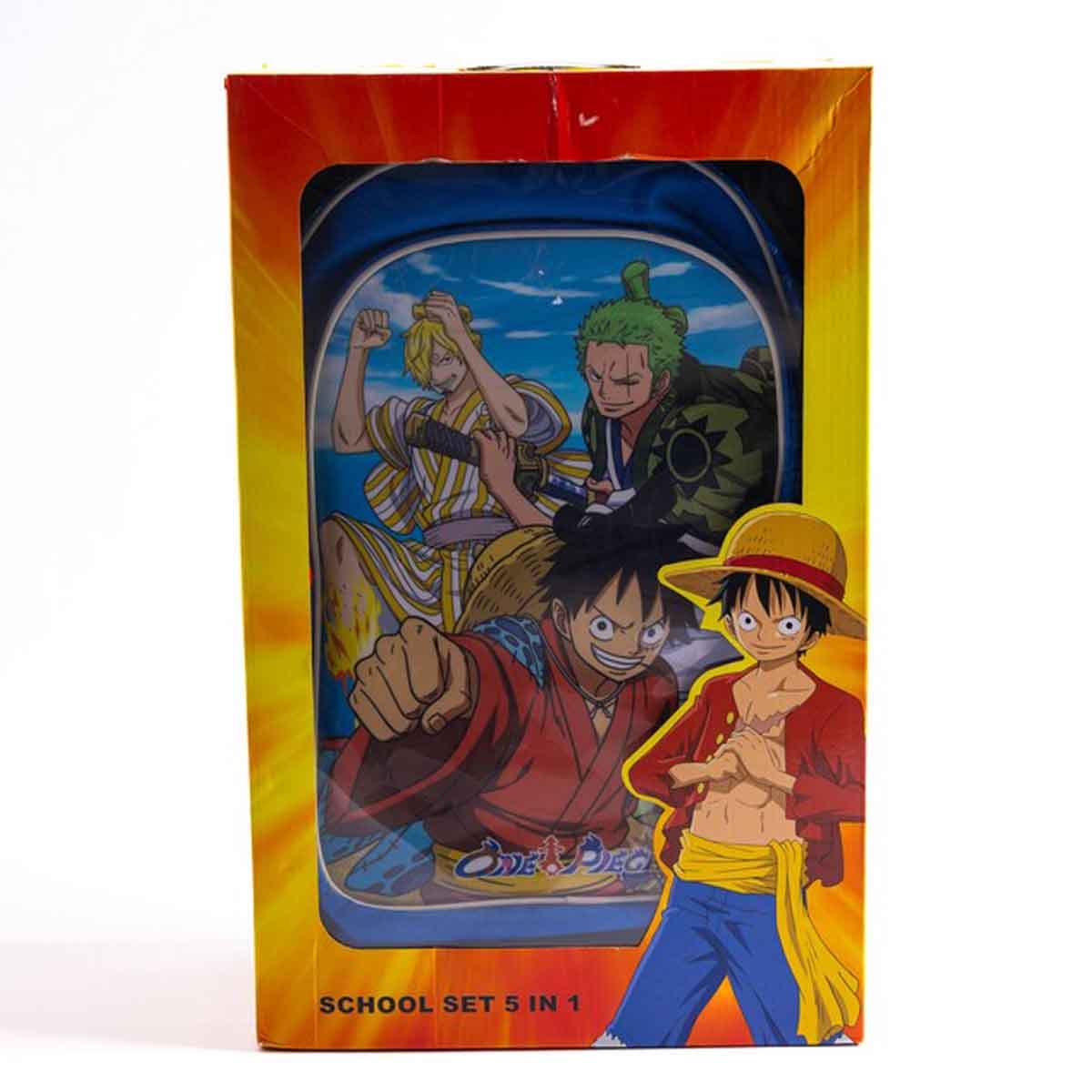 ون بيس مجموعة حقيبة ترولي مدرسية مقاس 18 انش مع حقيبة غداء ومقلمة وزجاجة مياه وصندوق طعام للبنات من عمر 5-7 سنوات