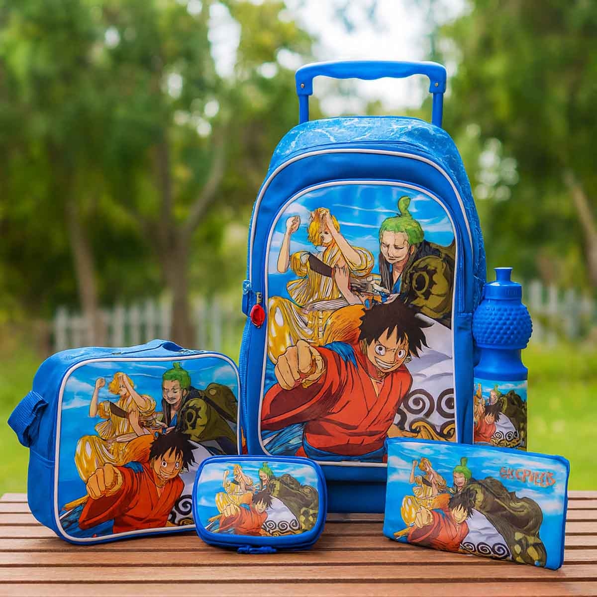 ون بيس مجموعة حقيبة ترولي مدرسية مقاس 18 انش مع حقيبة غداء ومقلمة وزجاجة مياه وصندوق طعام للبنات من عمر 5-7 سنوات