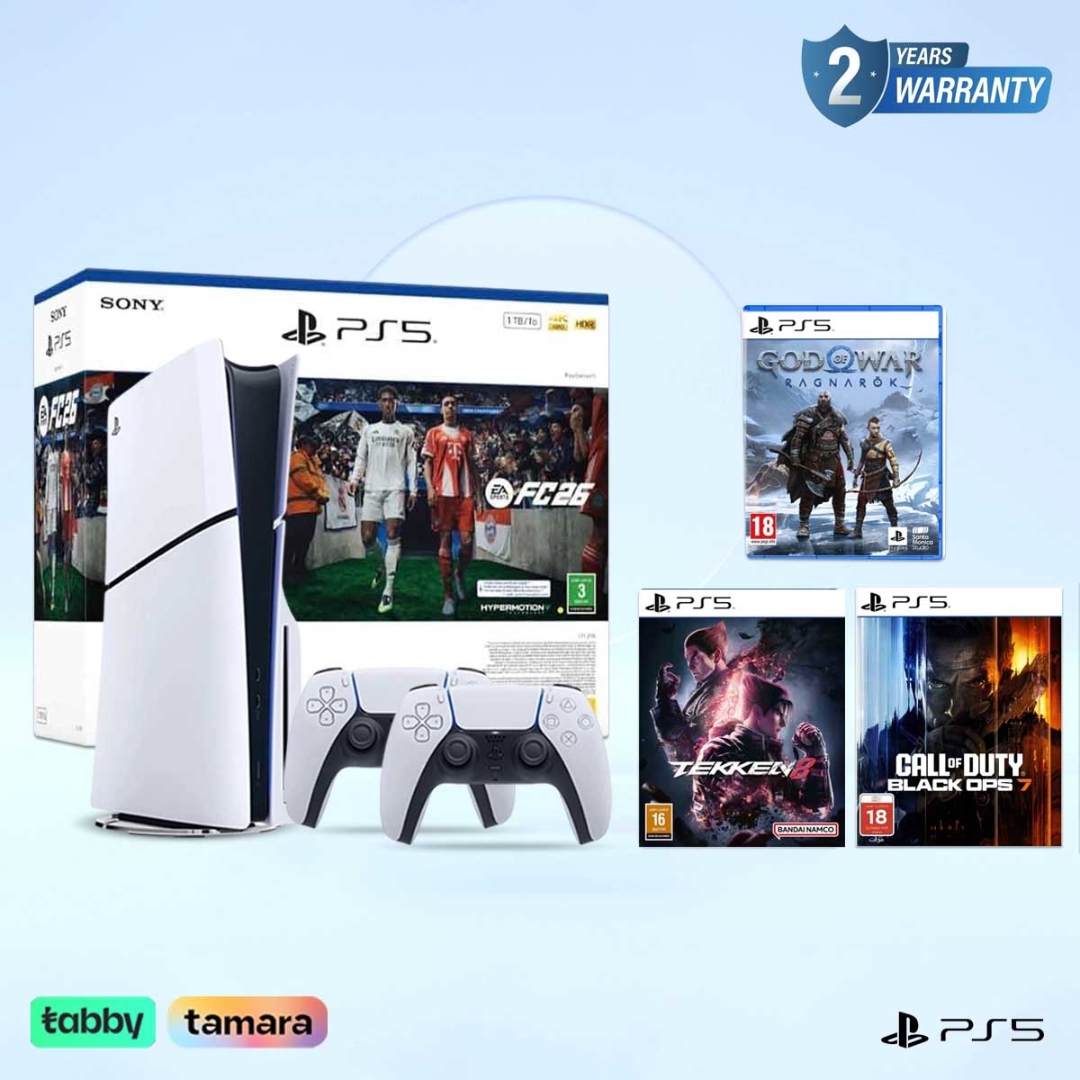 سوني بلايستيشن 5 قرص بلو-راي و إف سي 26 + بلاك أوبس 7 + غود أوف وور راغناروك + تيكن 8 مع حزمة وحدة تحكم دوال سينس