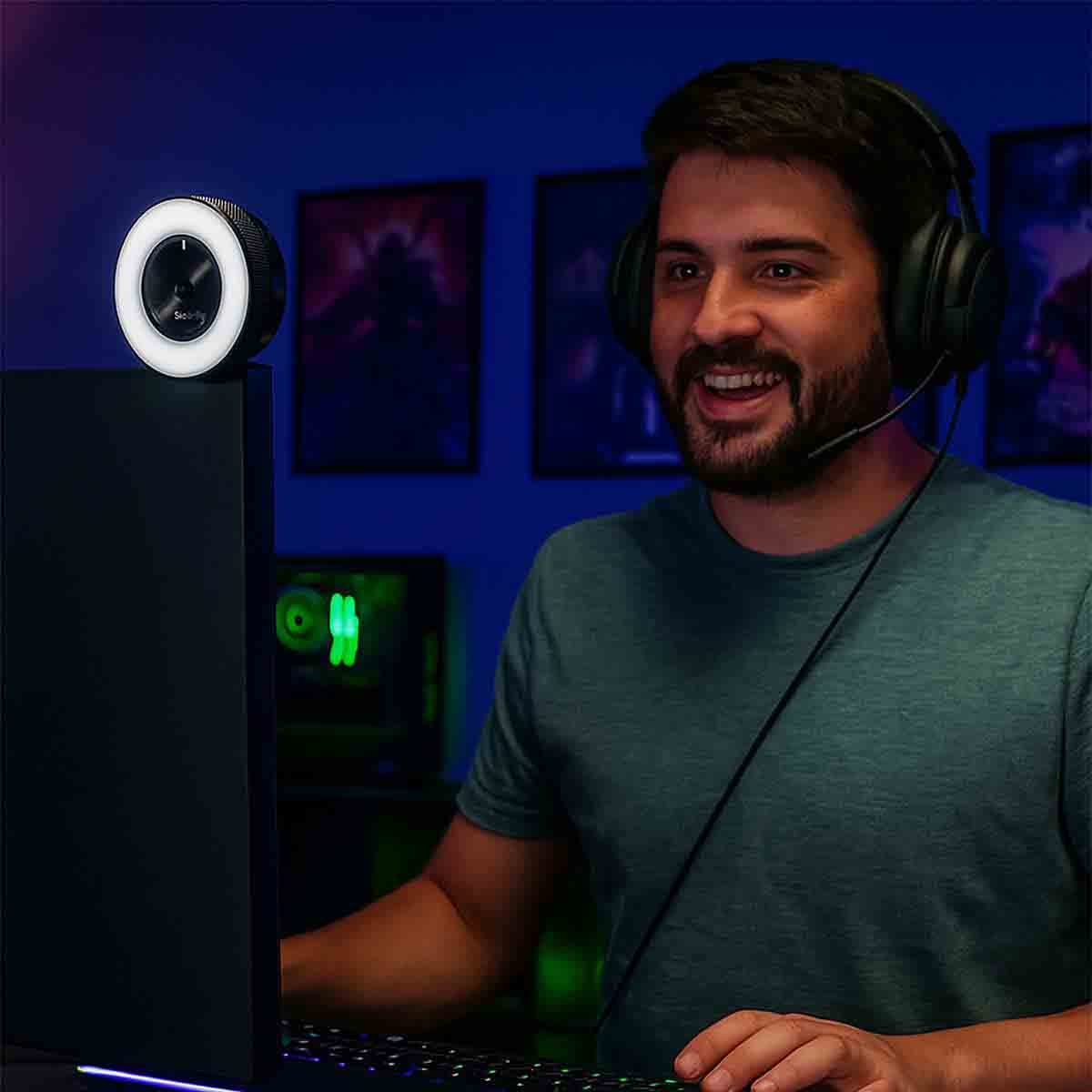 ريزر كاميرا كيو ويب بث مكتبي 1080P مع مصباح إضاءة حلقي متعدد الخطوات