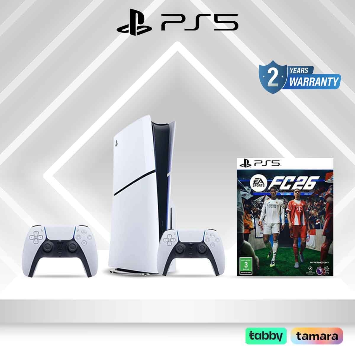 سوني بلايستيشن 5 قرص بلو-راي (نسخة السعودية) مع 2 وحدة تحكم (أبيض) + حزمة إف سي 26