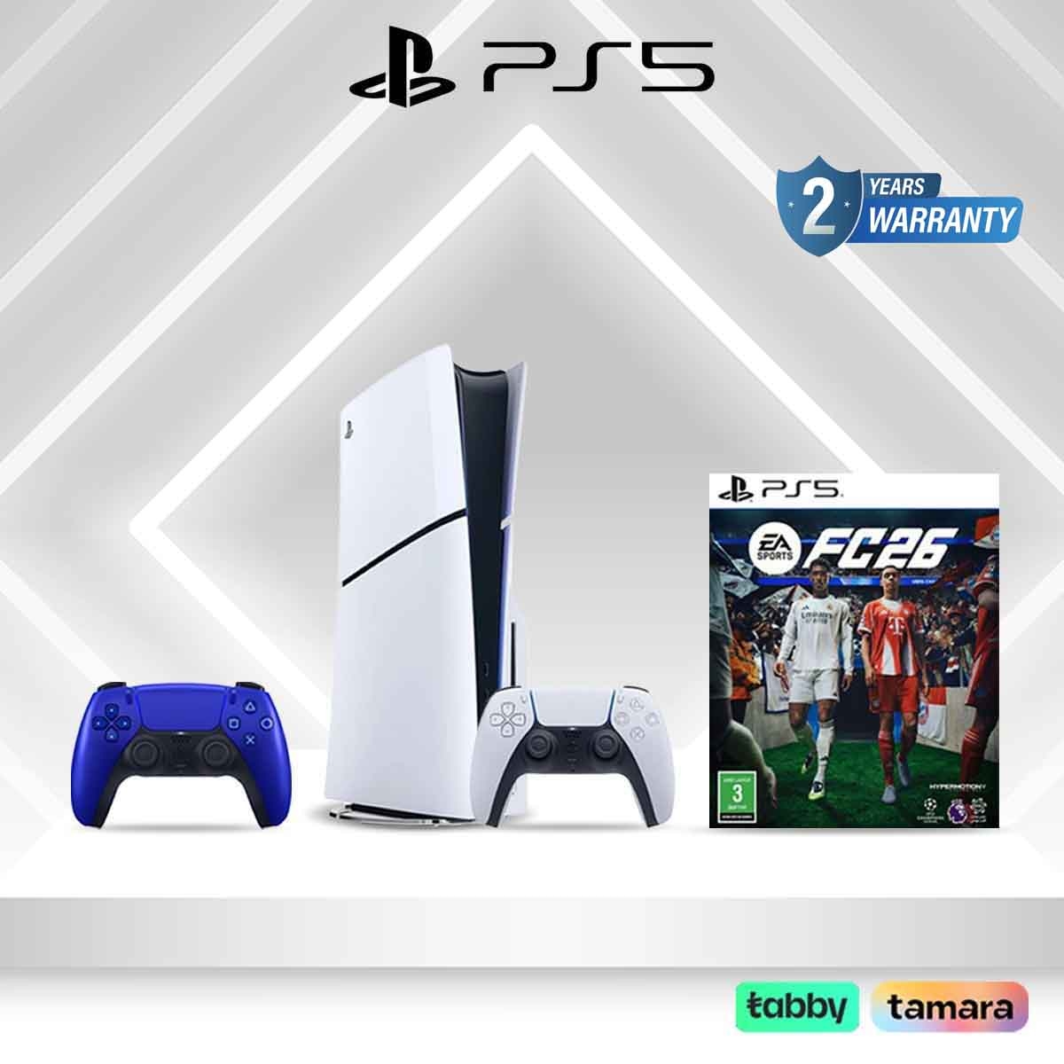 سوني بلايستيشن 5 قرص بلو-راي (نسخة السعودية) مع 2 وحدة تحكم (أبيض/أزرق) + حزمة إف سي 26