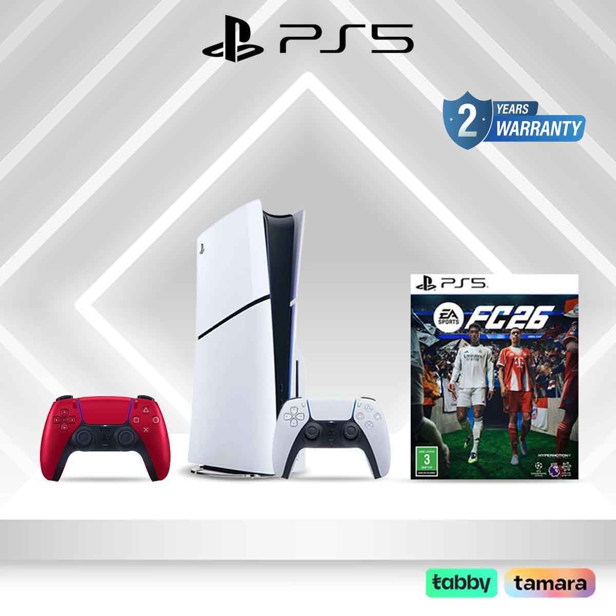 سوني بلايستيشن 5 قرص بلو-راي (نسخة السعودية) مع 2 وحدة تحكم (أبيض/أحمر) + حزمة إف سي 26