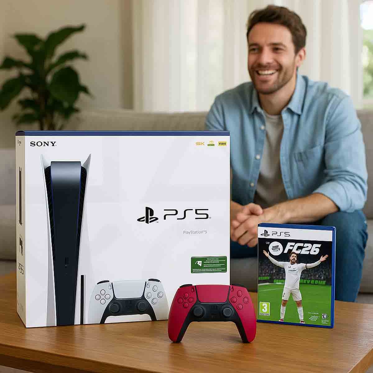 سوني بلايستيشن 5 سليم إصدار القرص مع وحدة تحكم أحمر إضافية + حزمة إف سي 25 نسخة السعودية