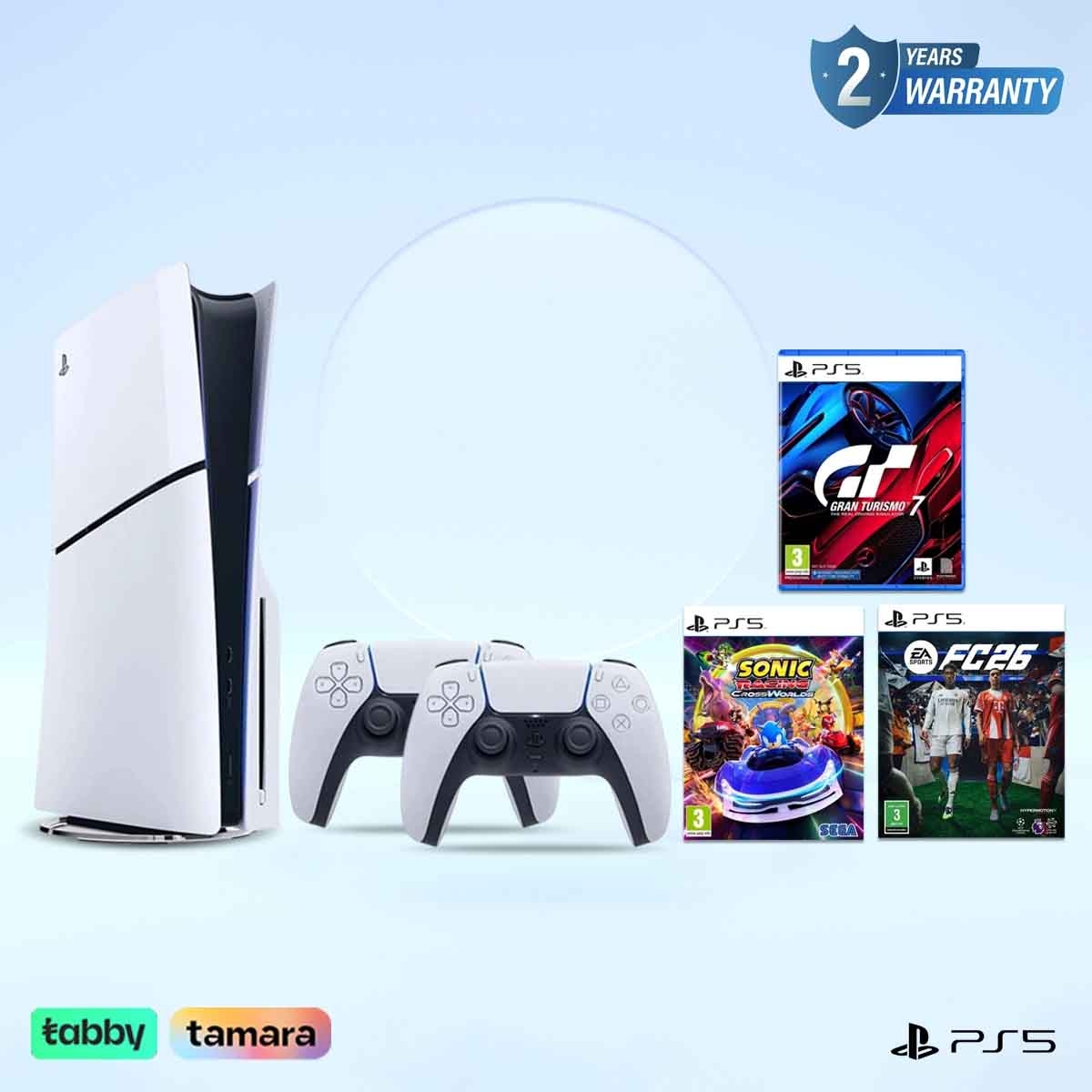 سوني بلايستيشن 5 قرص بلو-راي (نسخة السعودية) مع وحدة تحكم أبيض + غران توريزمو 7 + سيغا سونيك ريسينغ + إف سي 26