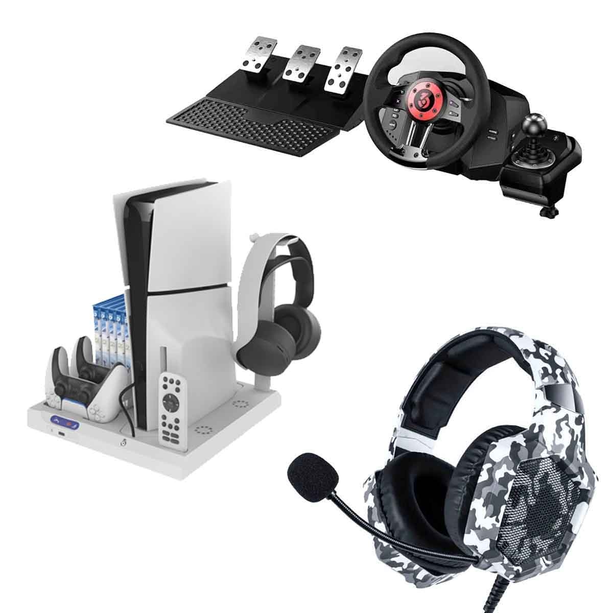 369 حامل عمودي نحيف لجهاز بلاي ستيشن 5 مع مجموعة عجلة قيادة ألعاب 369 تورك وسويتش وسماعة ألعاب