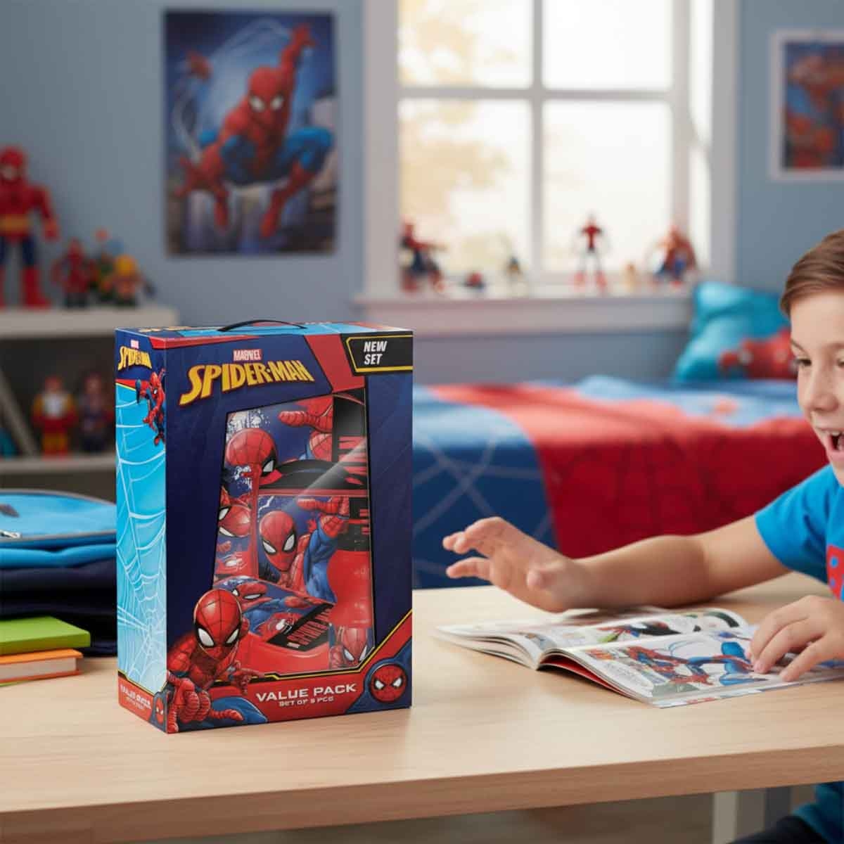 سبايدر مان مجموعة حقيبة ترولي 5 في 1 مقاس 14 انش مع صندوق غداء وزجاجة ومقلمة وحقيبة غداء