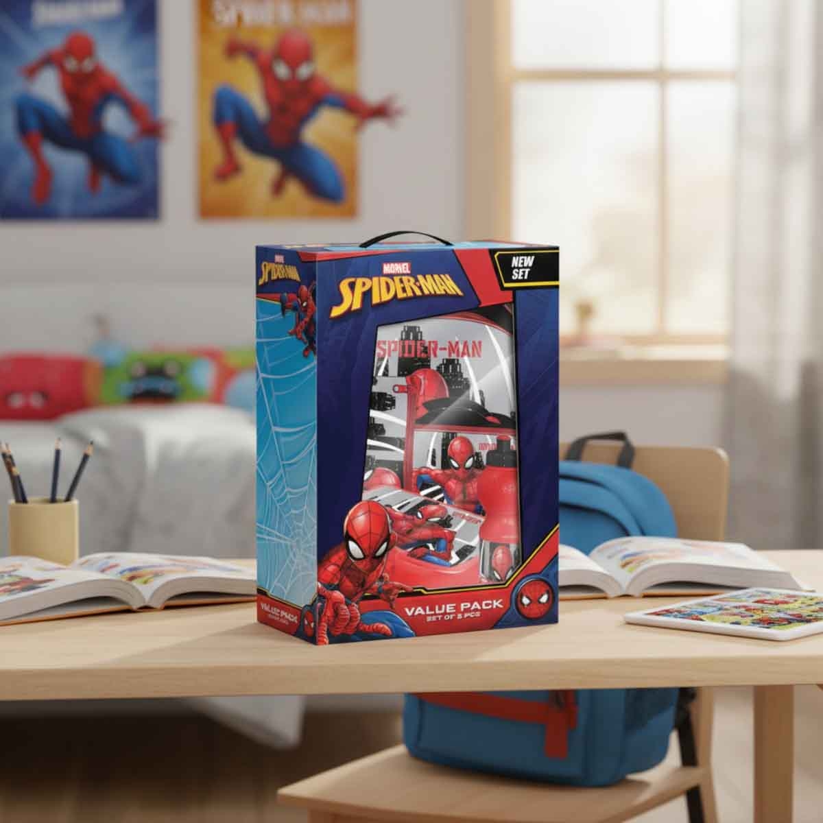 سبايدر مان مجموعة حقيبة ترولي بعجلات 5 في 1 مقاس 16 انش مع صندوق غداء وزجاجة ومقلمة وحقيبة غداء