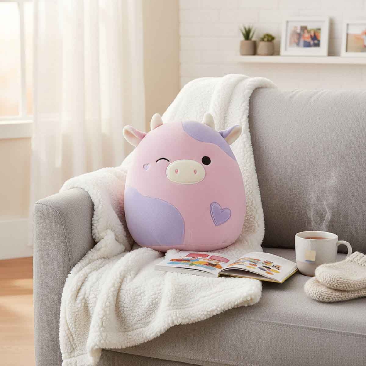 سكويشميلوز لعبة محشوة فالنتاين باتي بقرة وردية بنفسجية غامزة 16 إنش بقلوب للجنسين، 3-4 سنوات