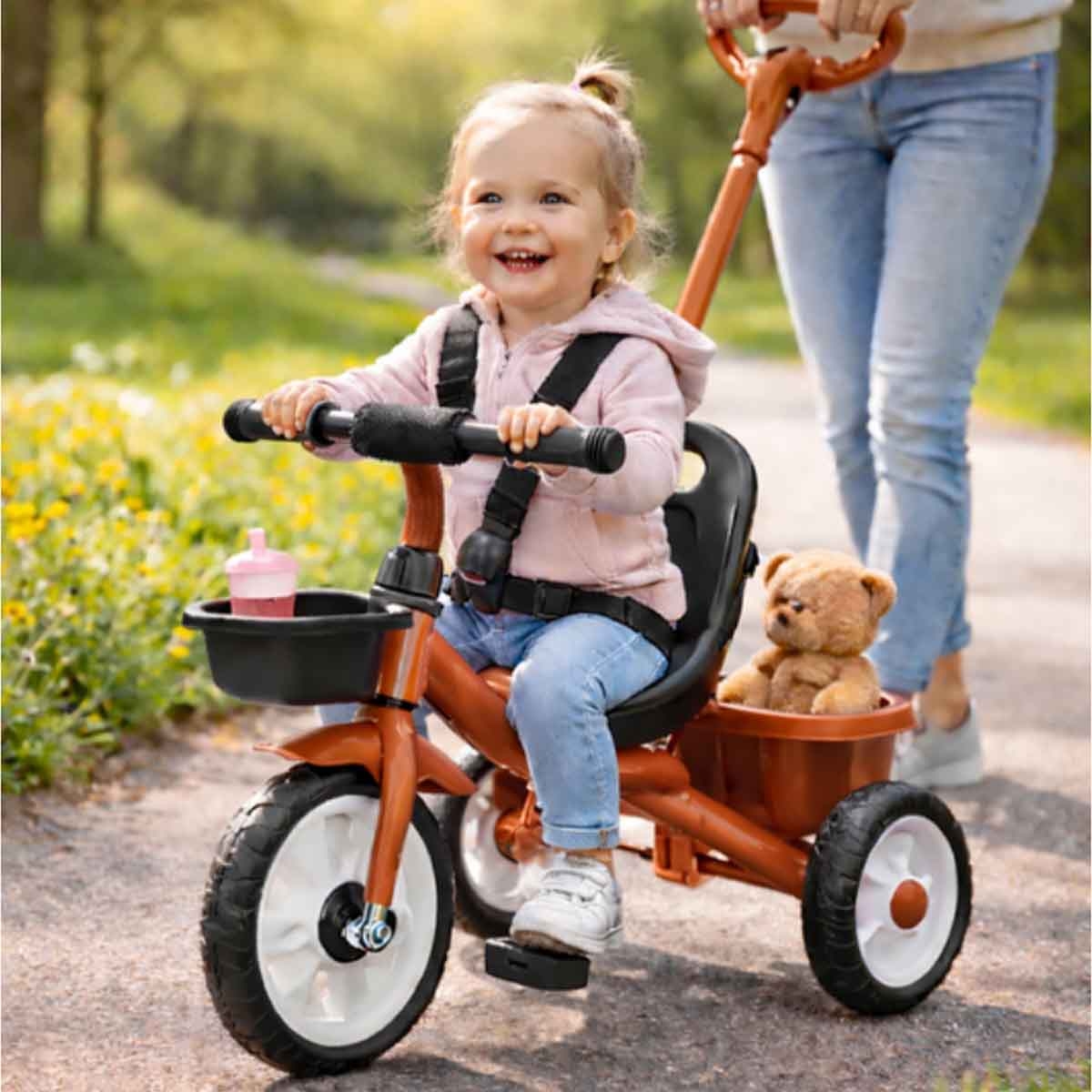 ستارمارز دراجة ثلاثية العجلات للأطفال باللون البني للركوب اليدوي مع مقبض دفع للأطفال للجنسين، 3-4 سنوات