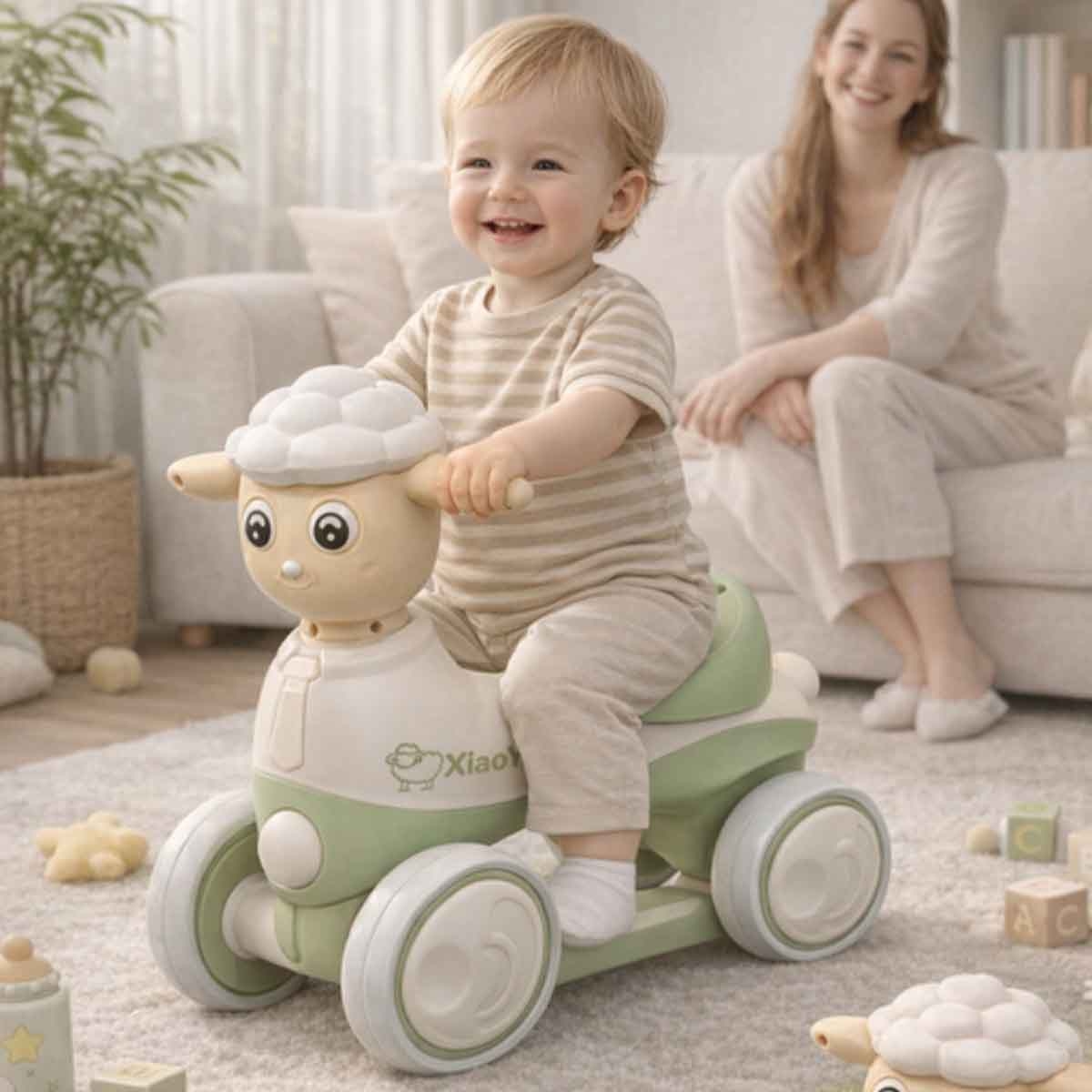 ستارمارز سيارة ركوب يدوية بتصميم خروف موسيقي باللون الأخضر للأطفال للجنسين، 3-4 سنوات