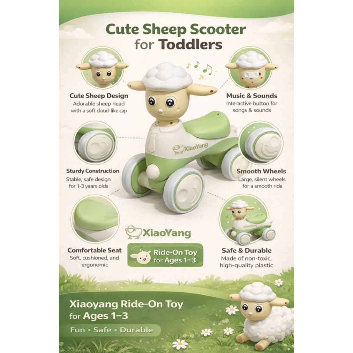 ستارمارز سيارة ركوب يدوية بتصميم خروف موسيقي باللون الأخضر للأطفال للجنسين، 3-4 سنوات