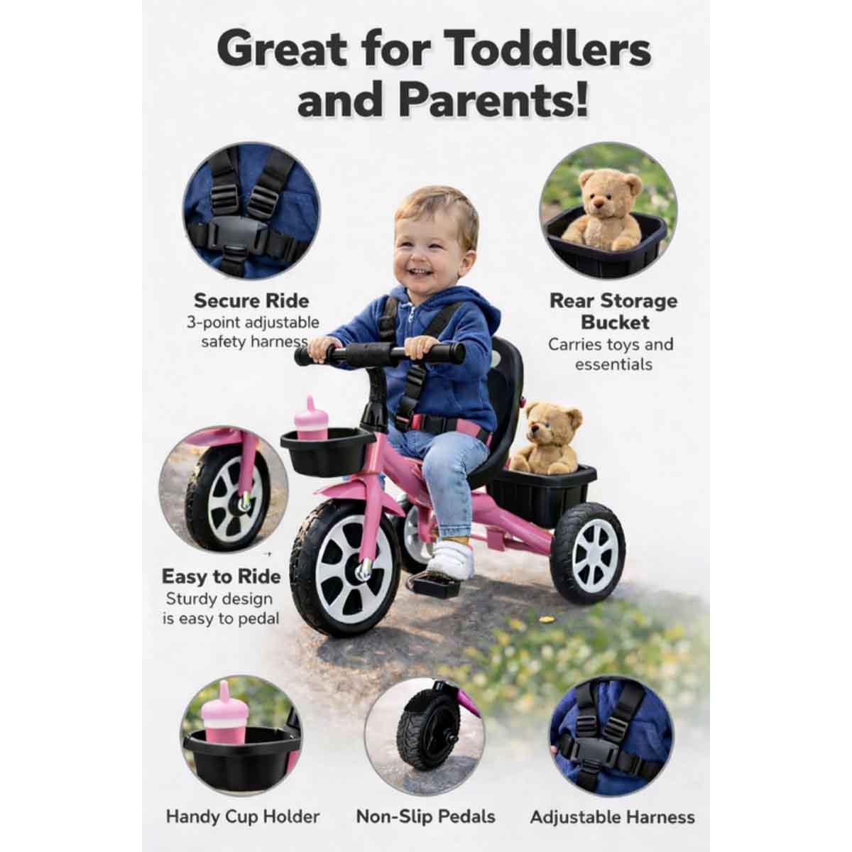 ستارمارز دراجة ثلاثية العجلات للأطفال 3 عجلات باللون الوردي للركوب اليدوي للأطفال للجنسين، 3-4 سنوات