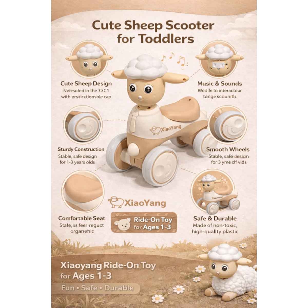 ستارمارز سيارة ركوب يدوية بتصميم خروف موسيقي باللون الوردي للأطفال للجنسين، 3-4 سنوات