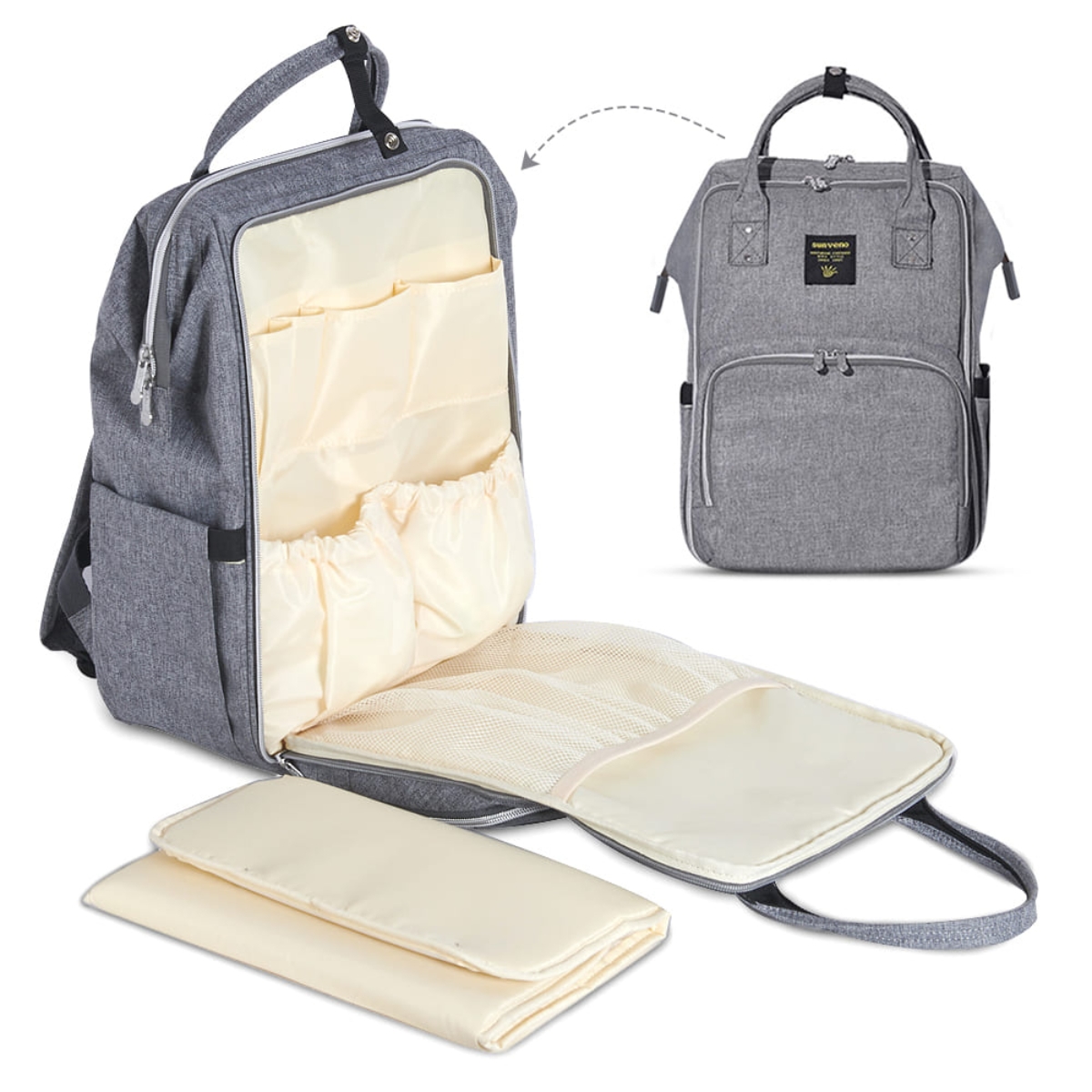 صنفينو حقيبة حفاضات سفر أنيقة XL باللون الرمادي مع أحزمة عربة ووسادة تغيير للجنسين