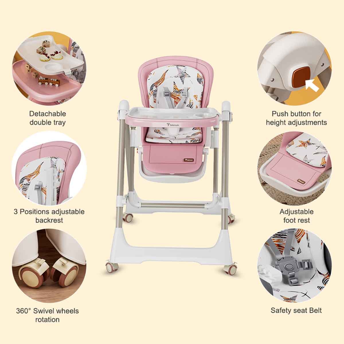 تيكنوم أرجوحة 5-في-1 باللون الوردي مع كرسي طعام وعجلات قابلة للقفل