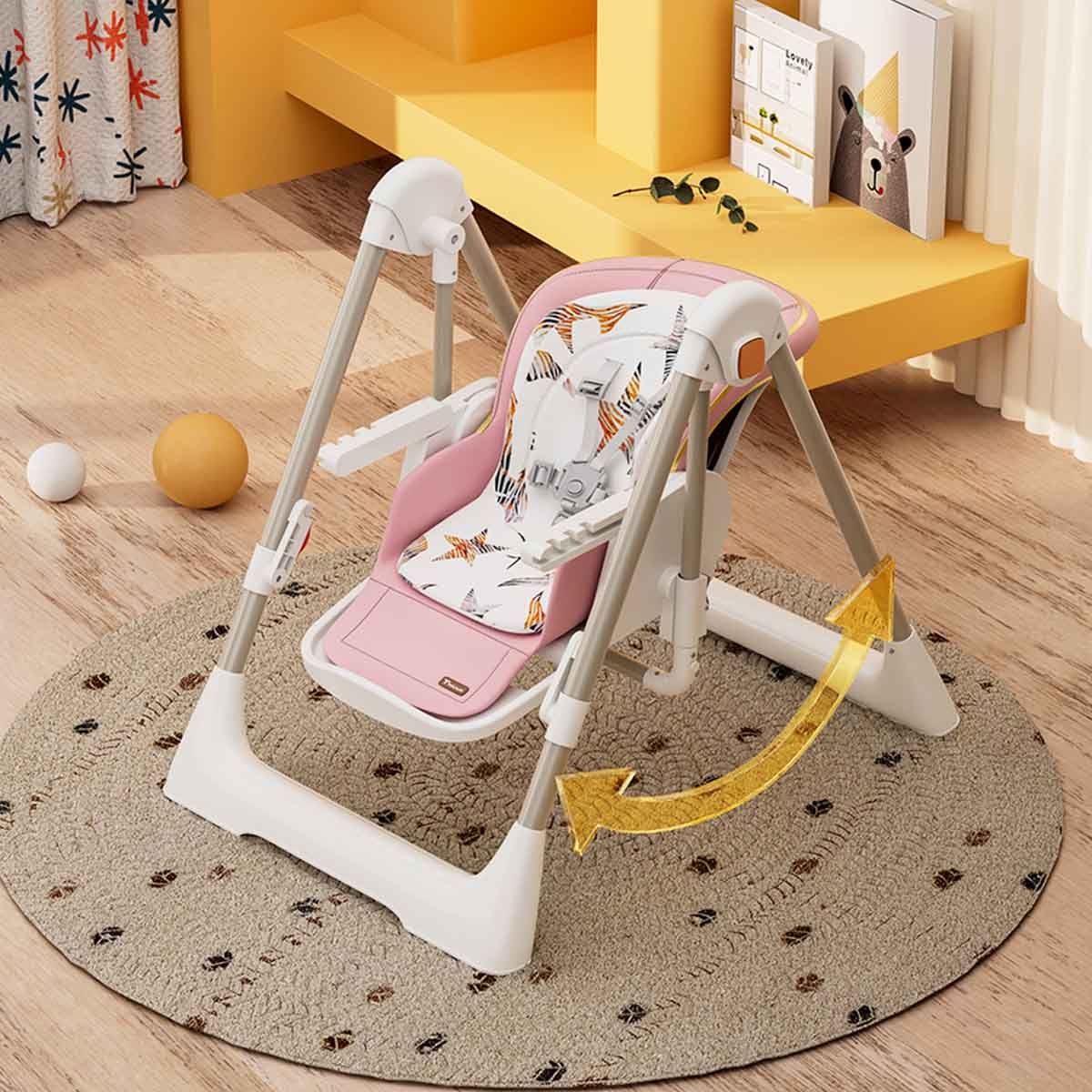 تيكنوم أرجوحة 5-في-1 باللون الوردي مع كرسي طعام وعجلات قابلة للقفل