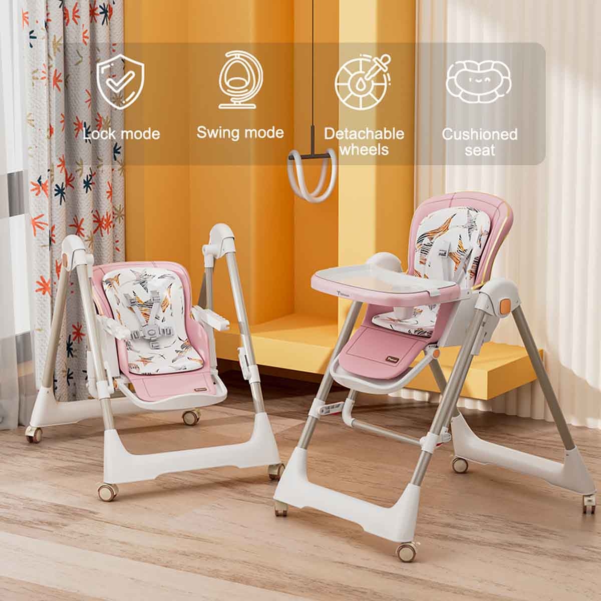 تيكنوم أرجوحة 5-في-1 باللون الوردي مع كرسي طعام وعجلات قابلة للقفل