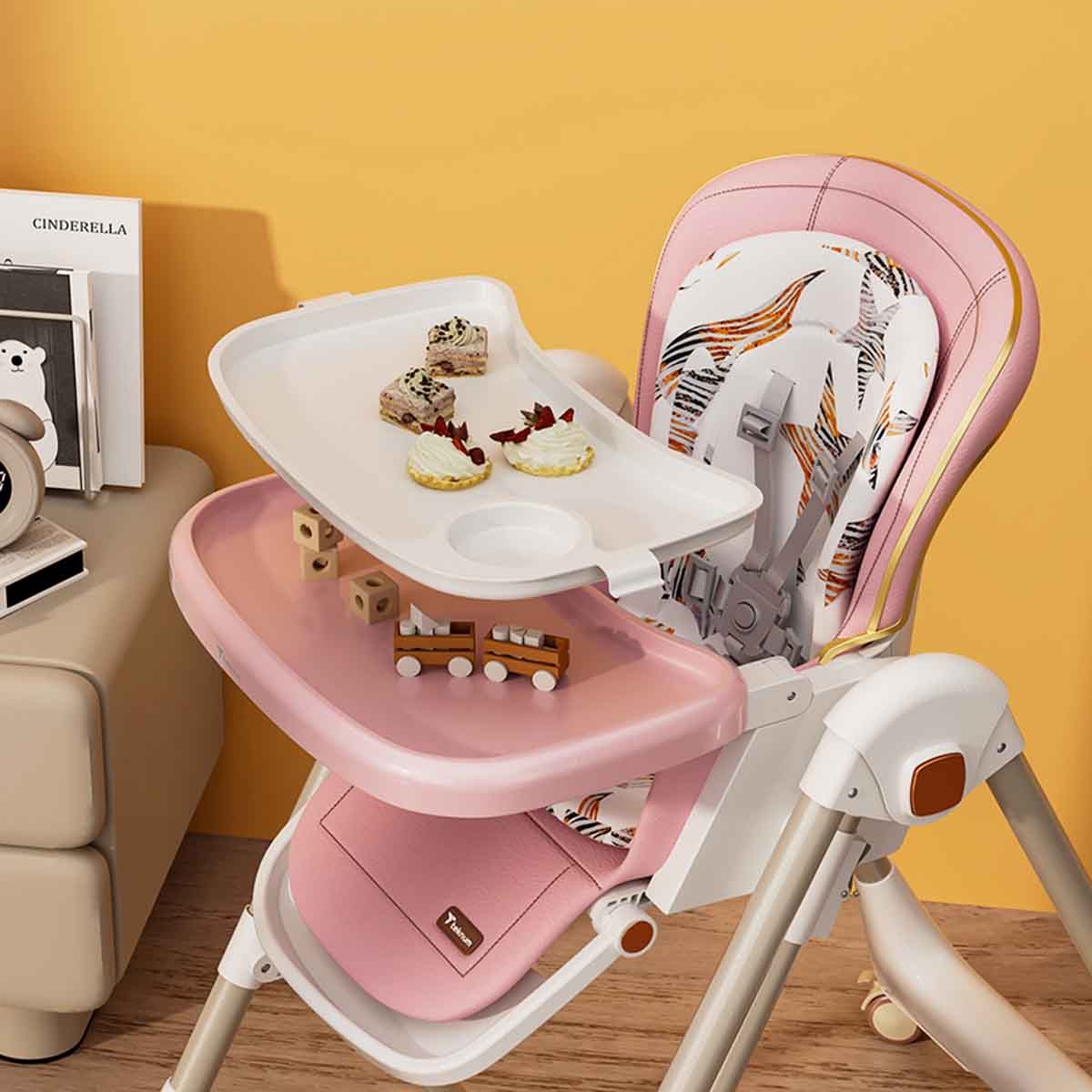 تيكنوم أرجوحة 5-في-1 باللون الوردي مع كرسي طعام وعجلات قابلة للقفل