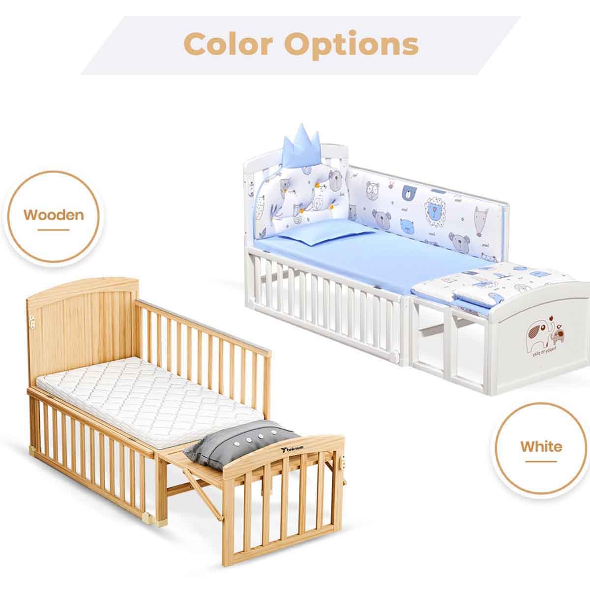 تيكنوم سرير أطفال وسرير جانبي 7 في 1 مع مرتبة وناموسية وعجلات قابلة للفك للأطفال 0-2 سنوات