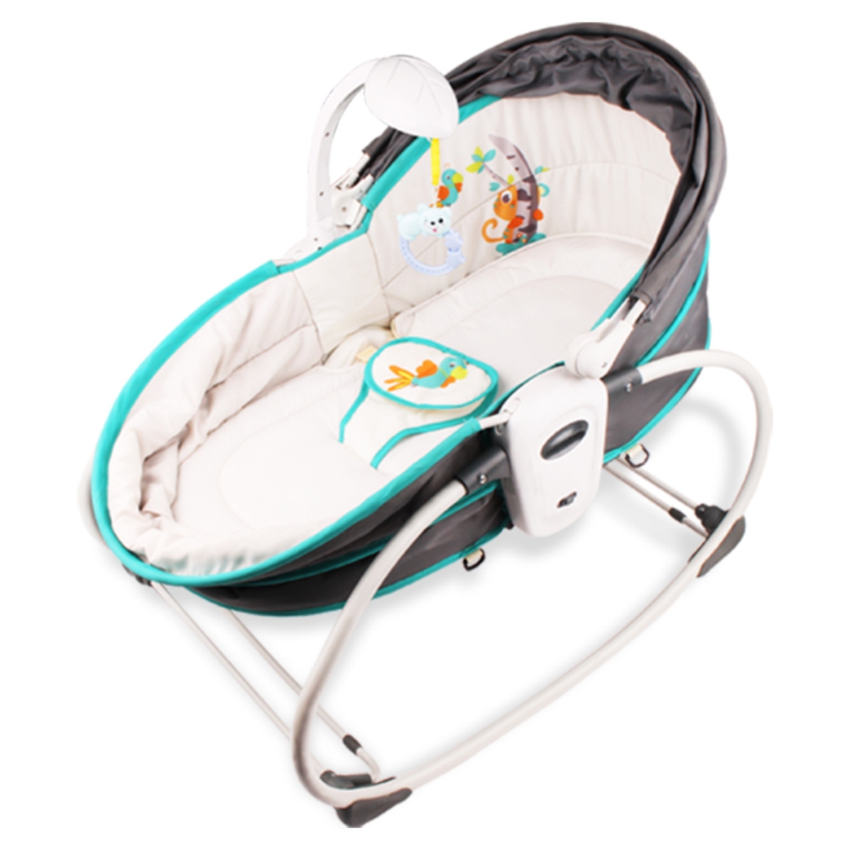 تيكنوم مهد روكر مريح 6 في 1 مع عجلات ومظلة وناموسية باللون الأخضر للأطفال من عمر 0 إلى 2 سنة