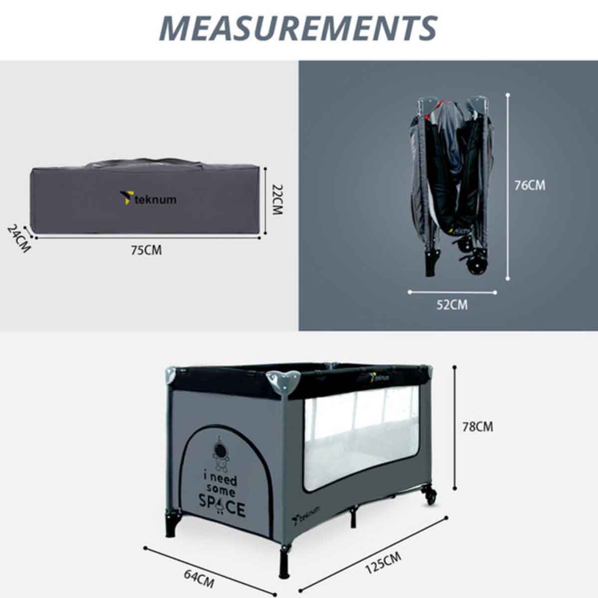 تيكنوم سرير وملعب أطفال بتصميم رائد فضاء رمادي للأطفال، 0-2 سنة