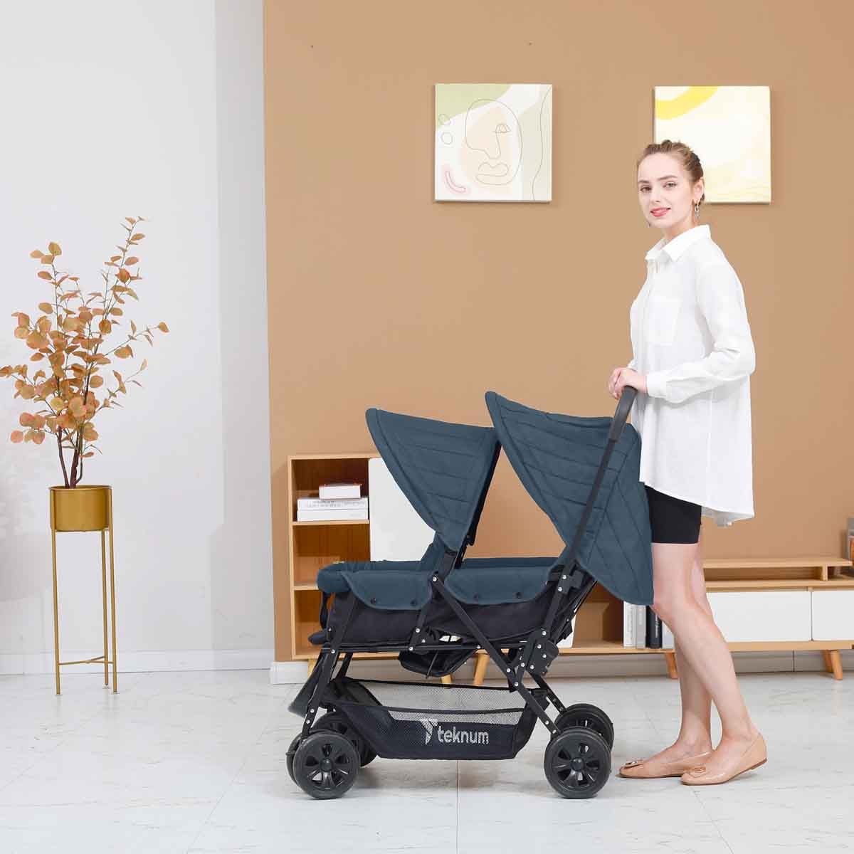 تيكنوم عربة أطفال مزدوجة رمادية مع خطافات للأطفال، 0-2 سنة